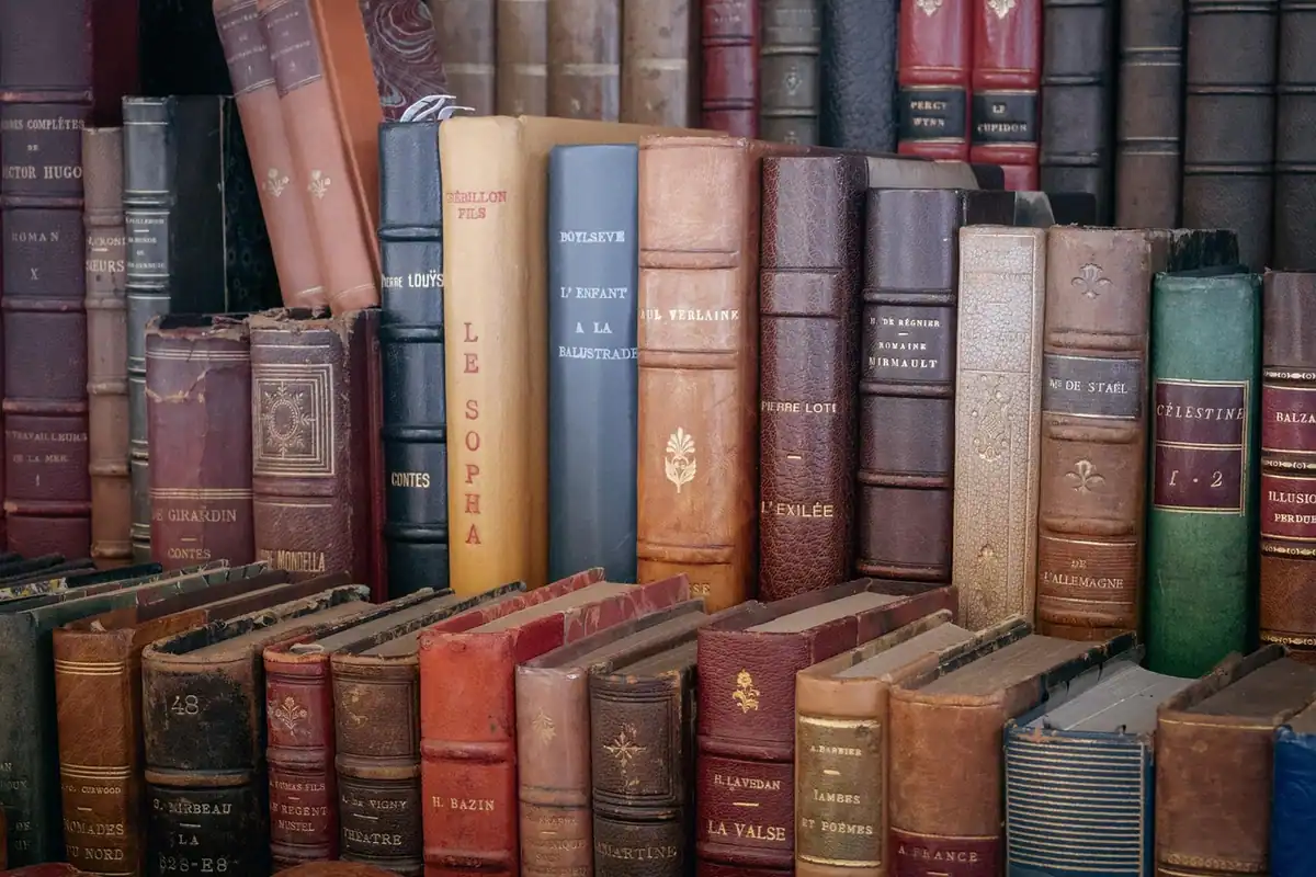 Cărți vechi aliniate pe un raft de bibliotecă, văzute de aproape
