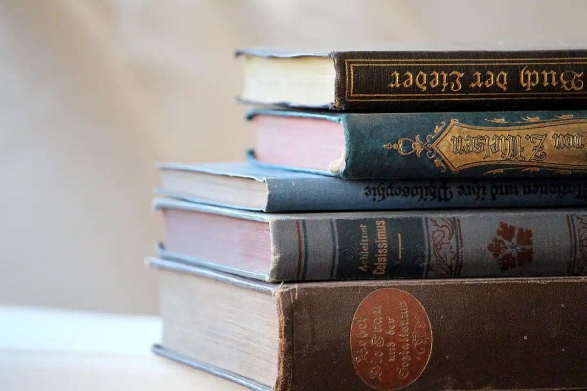 Cărți vechi cu pagini îngălbenite, așezate una lângă alta pe un raft de bibliotecă