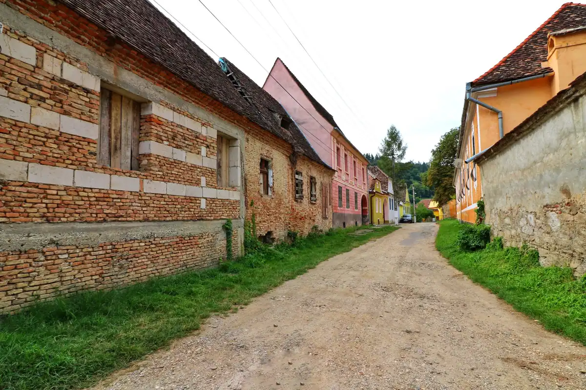 Uliță de sat cu case tradiționale din cărămidă într-o localitate din Transilvania