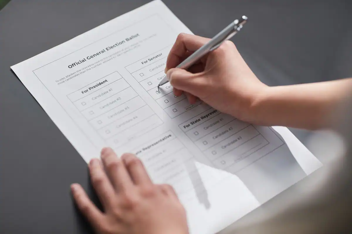 Mână care marchează un buletin de vot cu pixul