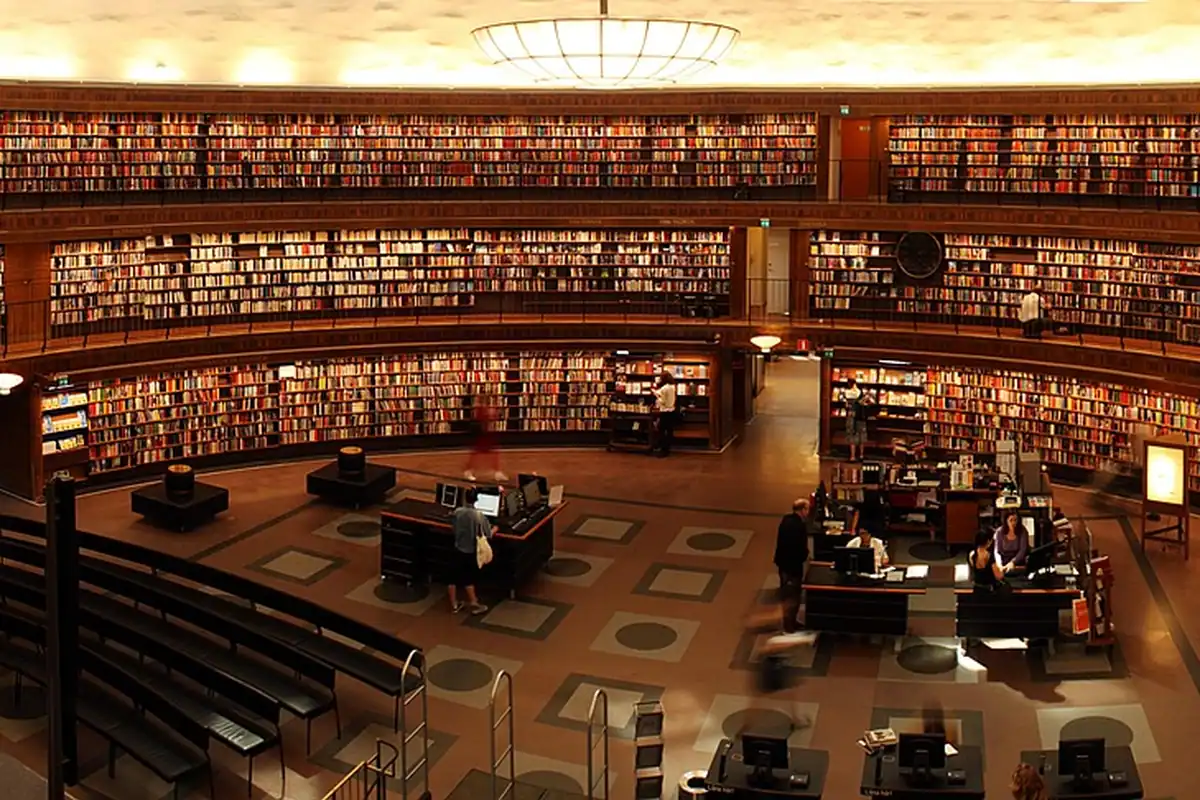 Studenți într-o bibliotecă universitară, înconjurați de rafturi cu cărți