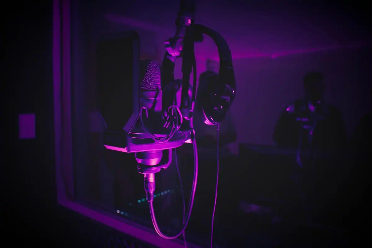 Microfon de studio pe un stativ, pregătit pentru înregistrări audio