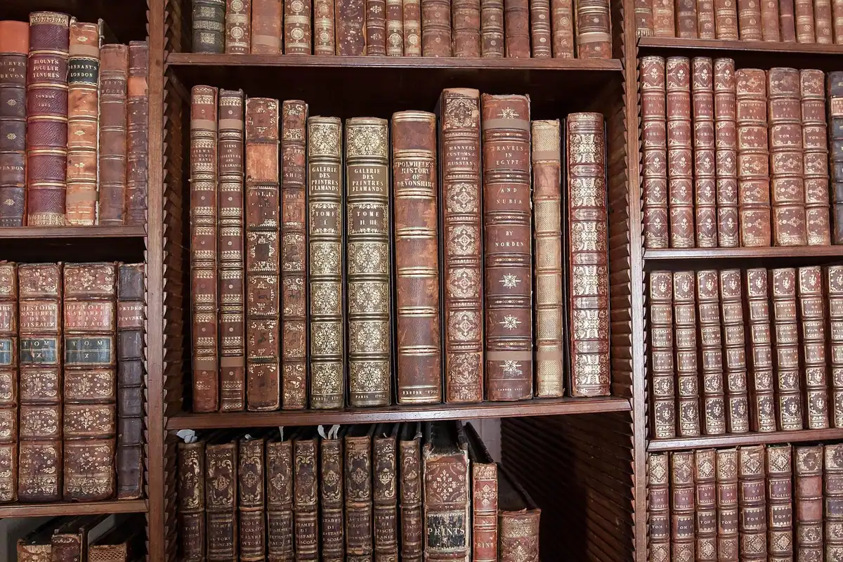 Bibliotecă cu cărți vechi legate în piele, cu litere aurii pe cotor